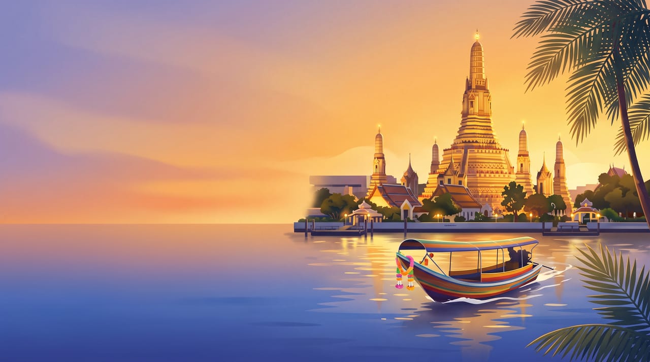 Illustration of Wat Arun temple at sunset with a long-tail boat on the Chao Phraya River, Bangkok, Thailand